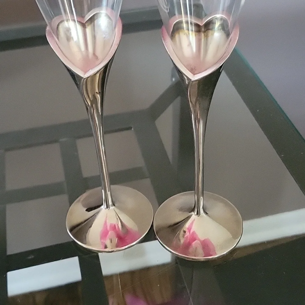 2 LENOX Crystal Champagne Flute Wedding Anniversary Silverplate Stems Heart Vtg